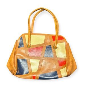 VINTAGE Women’s Tan Vinyl Handbag Geometric Color Block Red Blue Yellow Purse